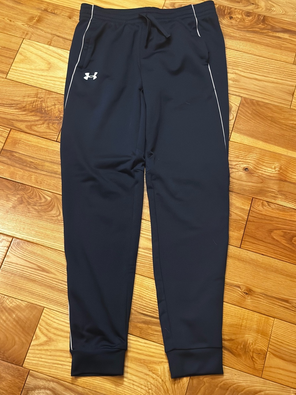 Under Armour Navy Jogger Track Pants with White Piping, Youth Large